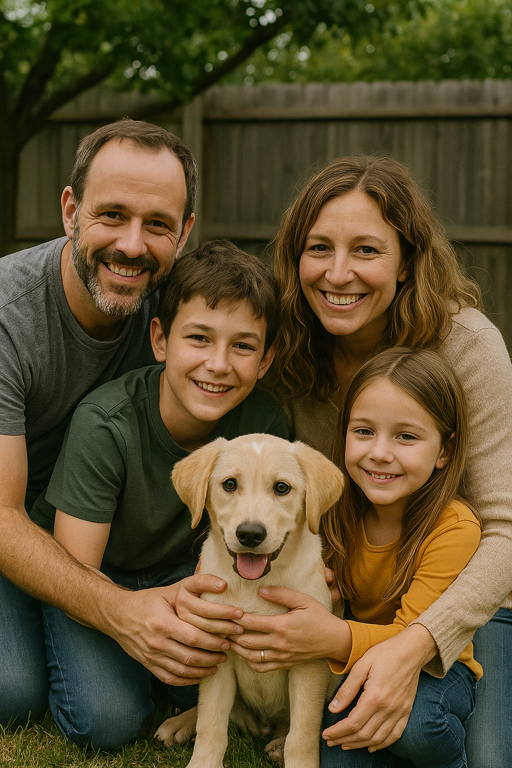 Familia feliz con mascota adoptada