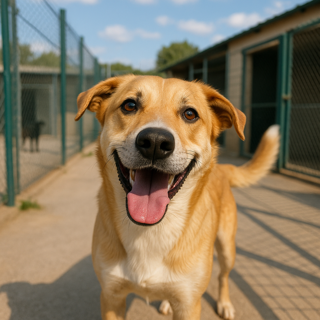 Perro sonriendo en un refugio